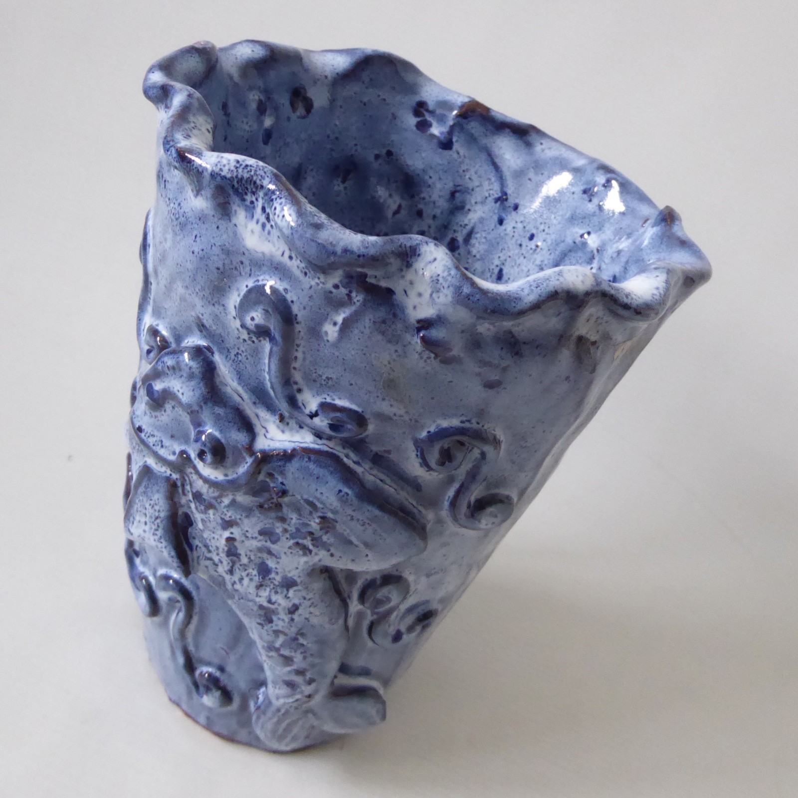 Hand built pottery fish vase, vintage handmade clay stoneware, blue Studio art - Image 8