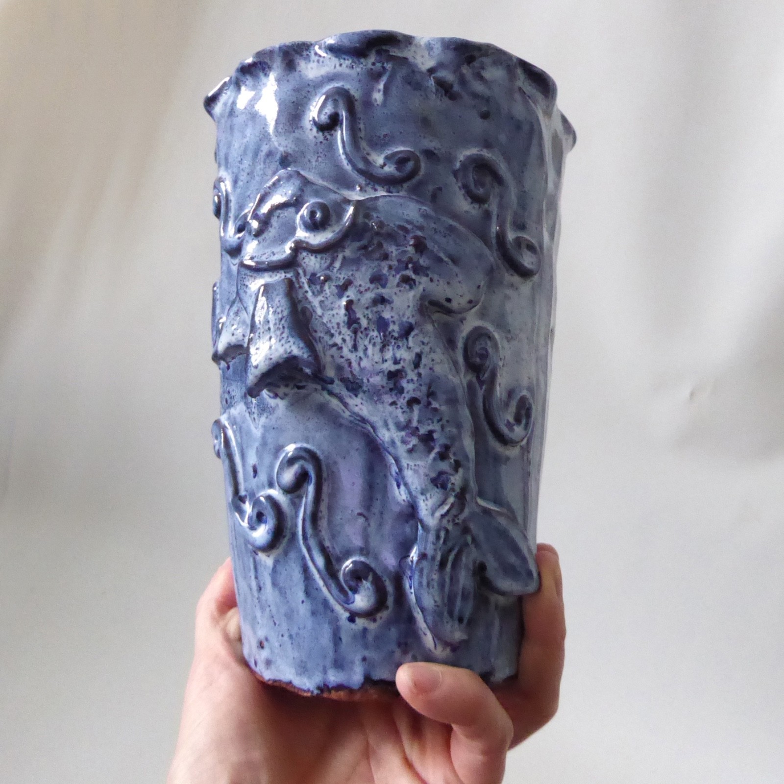 Hand built pottery fish vase, vintage handmade clay stoneware, blue Studio art