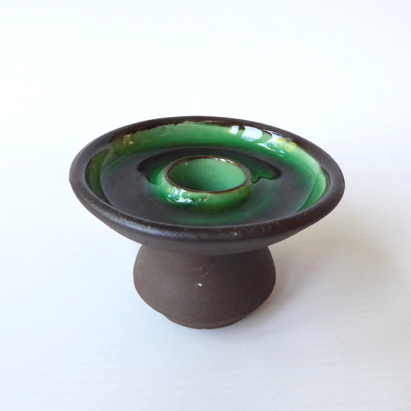 Handmade studio pottery taper dinner candle holder, green brown clay. Signed PF - Image 3