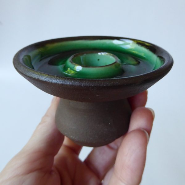 Handmade studio pottery taper dinner candle holder, green brown clay. Signed PF - Image 4