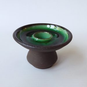 Handmade studio pottery taper dinner candle holder, green brown clay. Signed PF