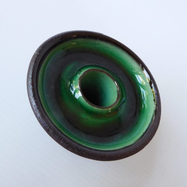Handmade studio pottery taper dinner candle holder, green brown clay. Signed PF - Image 5
