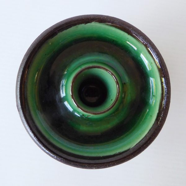Handmade studio pottery taper dinner candle holder, green brown clay. Signed PF - Image 6