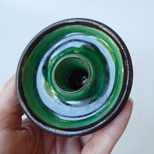Handmade studio pottery taper dinner candle holder, green brown clay. Signed PF - Image 7