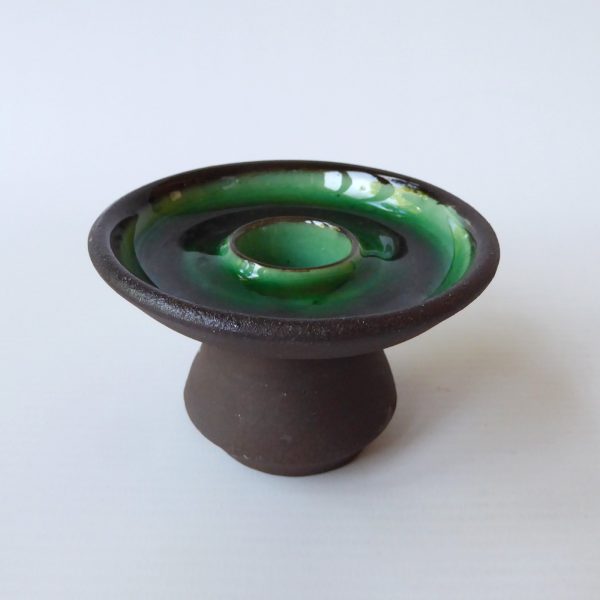 Handmade studio pottery taper dinner candle holder, green brown clay. Signed PF