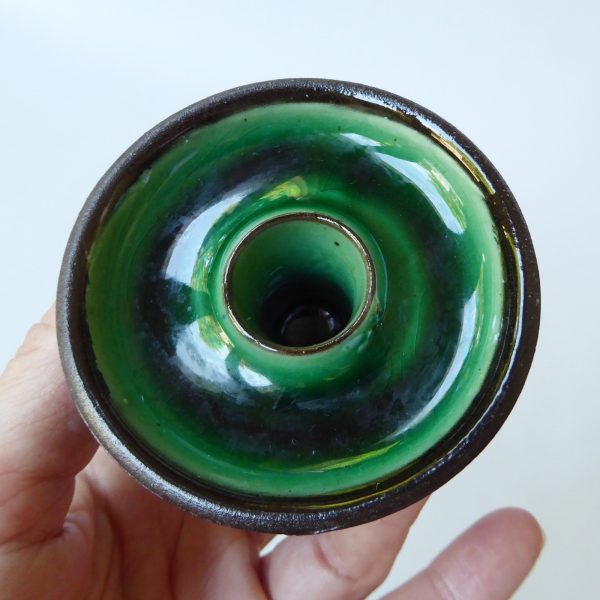 Handmade studio pottery taper dinner candle holder, green brown clay. Signed PF - Image 8