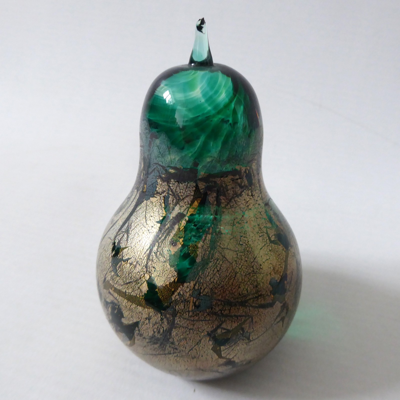 Isle of Wight Studio green Azurene pear paperweight, green & gold glass. Vintage - Image 3
