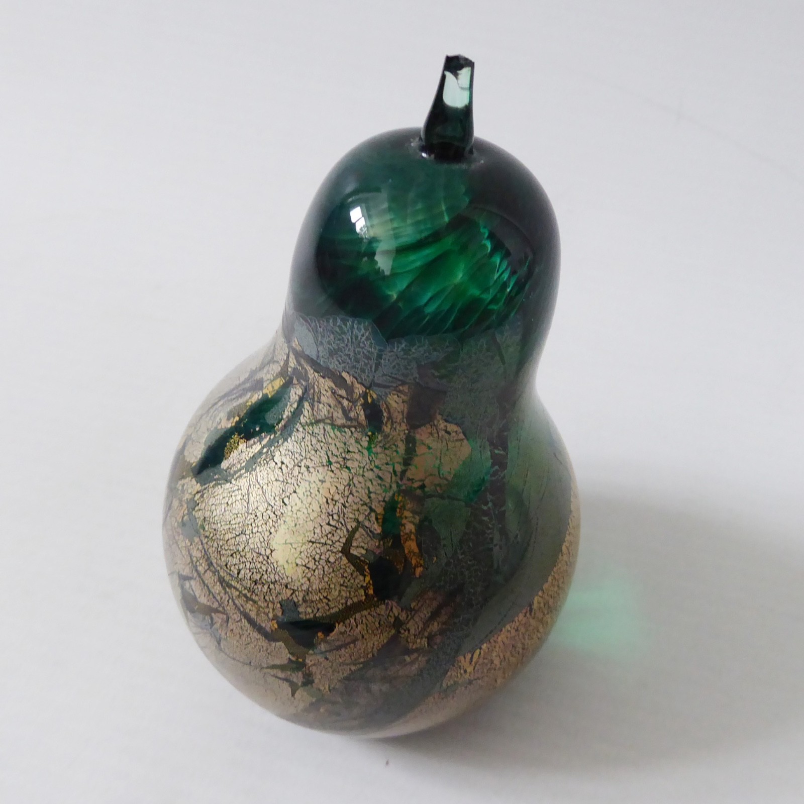 Isle of Wight Studio green Azurene pear paperweight, green & gold glass. Vintage - Image 4