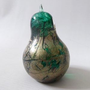Isle of Wight Studio green Azurene pear paperweight, green & gold glass. Vintage