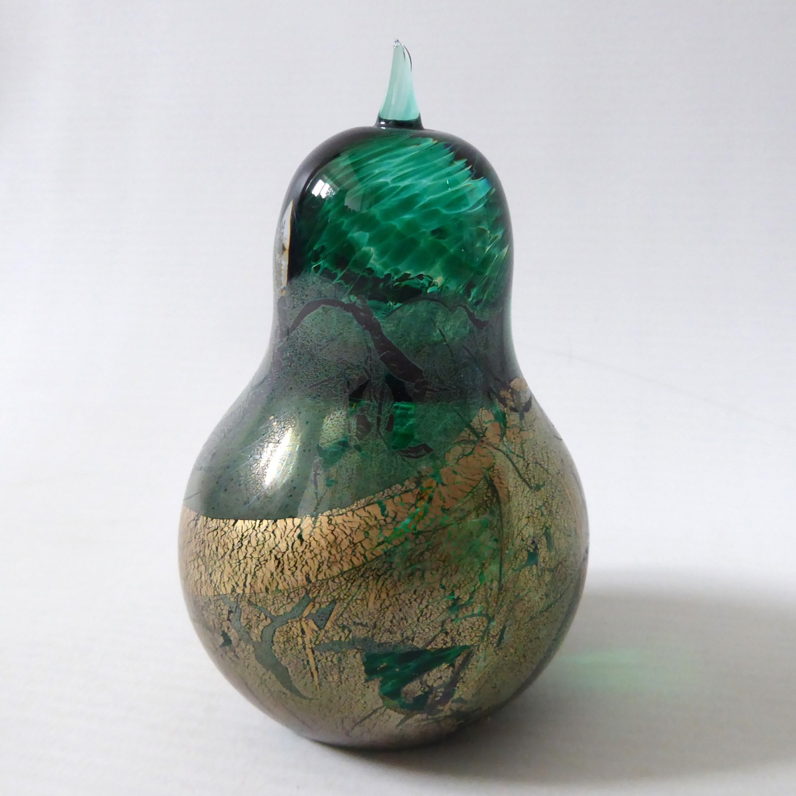 Isle of Wight Studio green Azurene pear paperweight, green & gold glass. Vintage - Image 6
