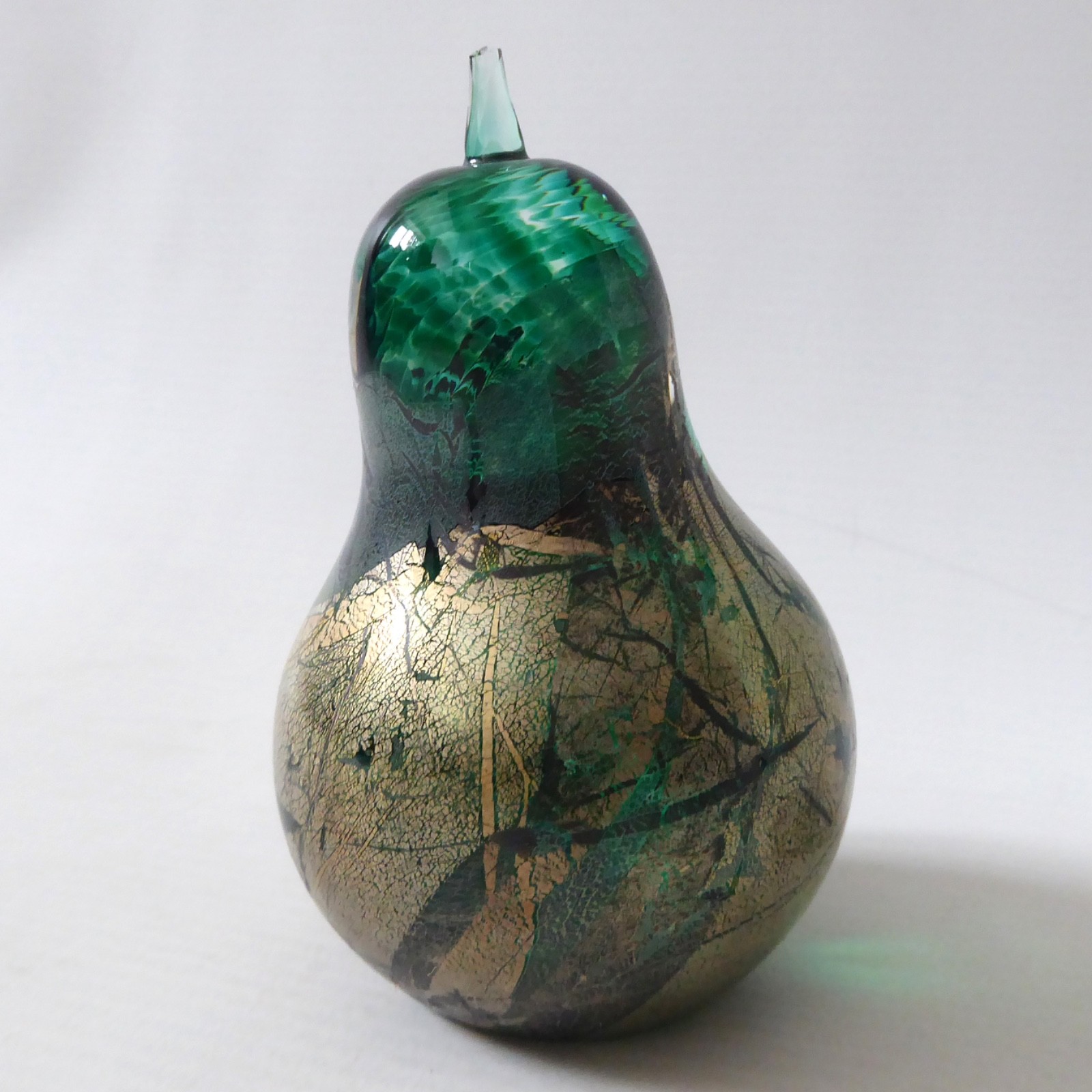 Isle of Wight Studio green Azurene pear paperweight, green & gold glass. Vintage - Image 7