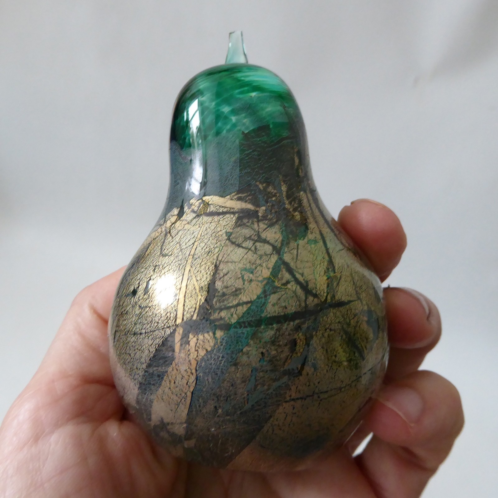 Isle of Wight Studio green Azurene pear paperweight, green & gold glass. Vintage - Image 8