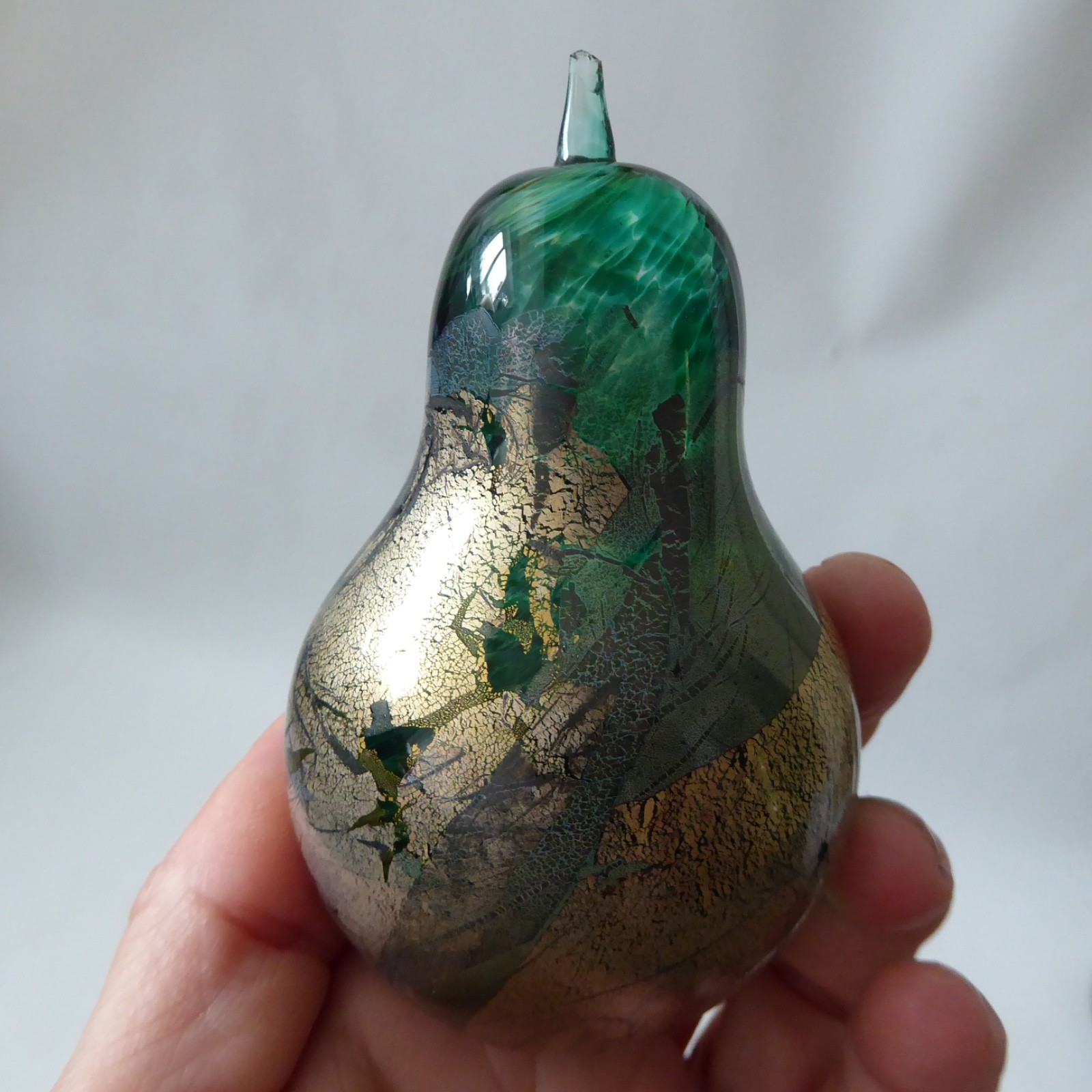 Isle of Wight Studio green Azurene pear paperweight, green & gold glass. Vintage - Image 9