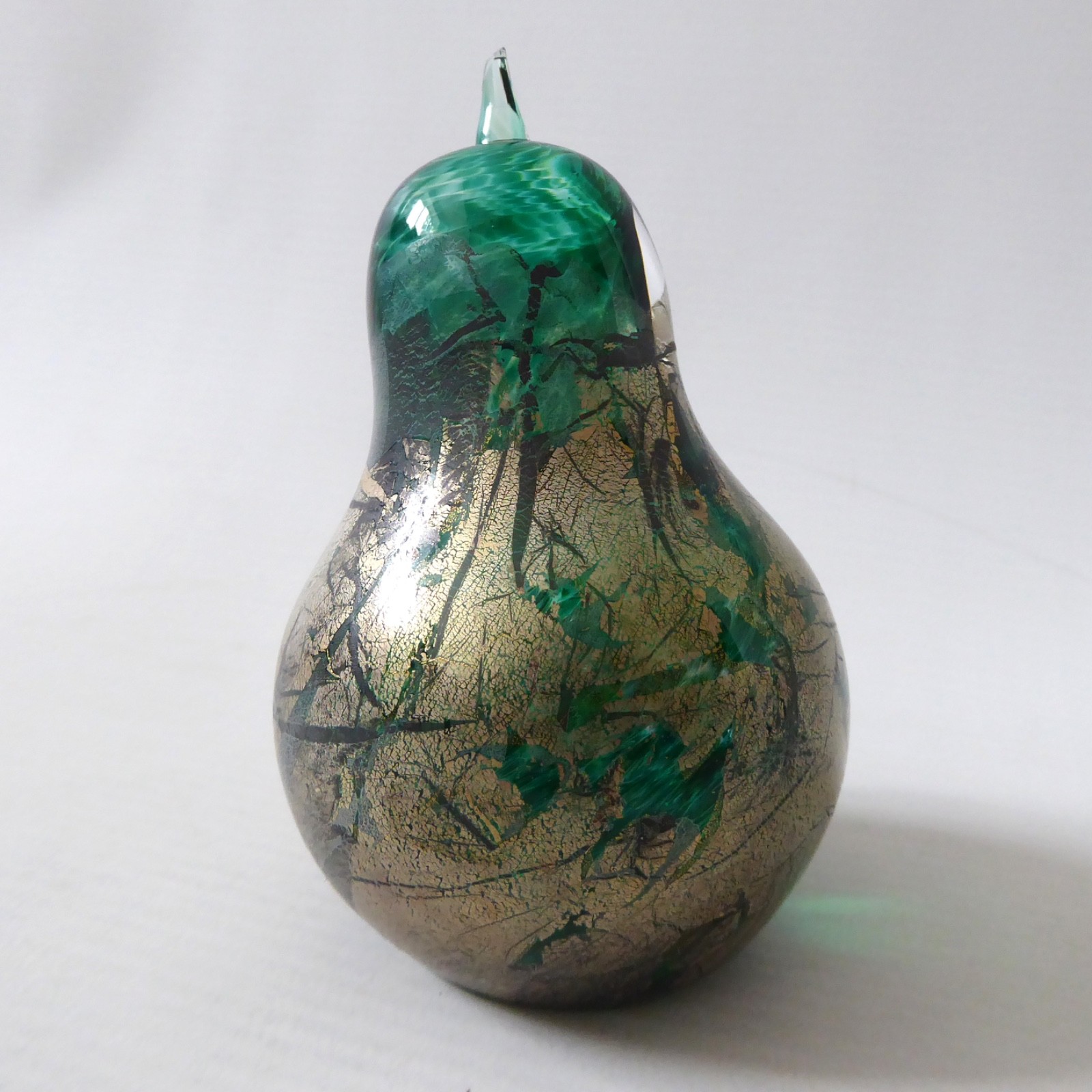 Isle of Wight Studio green Azurene pear paperweight, green & gold glass. Vintage