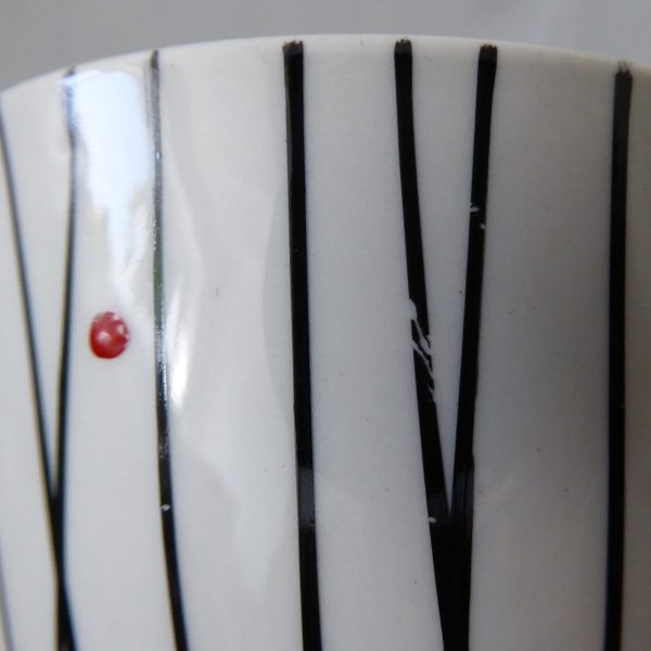 Kirkham Pottery lidded sugar bowl, black stripes red dots. 1950s retro ceramic - Image 13