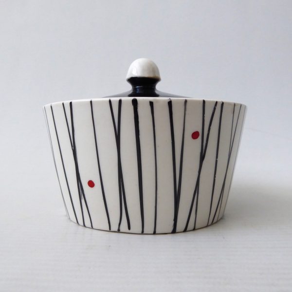 Kirkham Pottery lidded sugar bowl, black stripes red dots. 1950s retro ceramic - Image 3