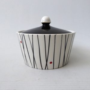 Kirkham Pottery lidded sugar bowl, black stripes red dots. 1950s retro ceramic