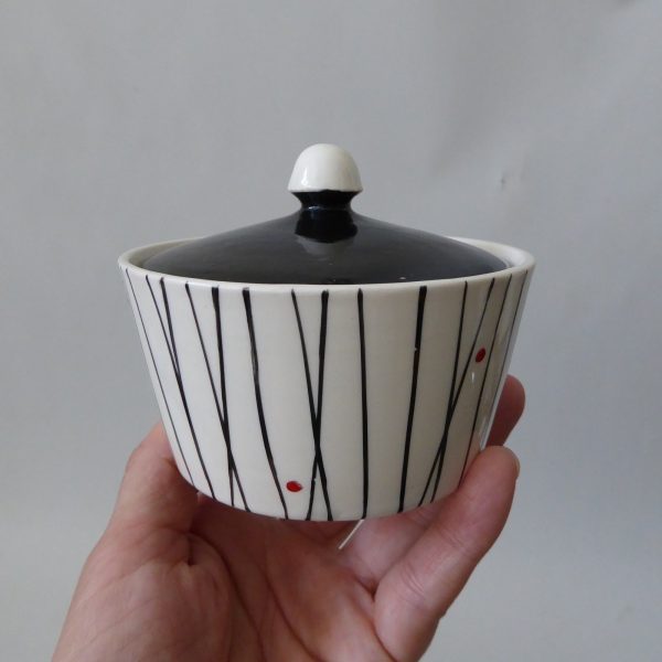 Kirkham Pottery lidded sugar bowl, black stripes red dots. 1950s retro ceramic - Image 5