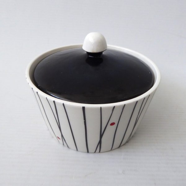 Kirkham Pottery lidded sugar bowl, black stripes red dots. 1950s retro ceramic - Image 6
