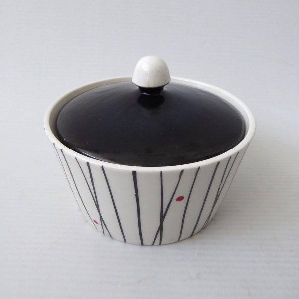 Kirkham Pottery lidded sugar bowl, black stripes red dots. 1950s retro ceramic - Image 7