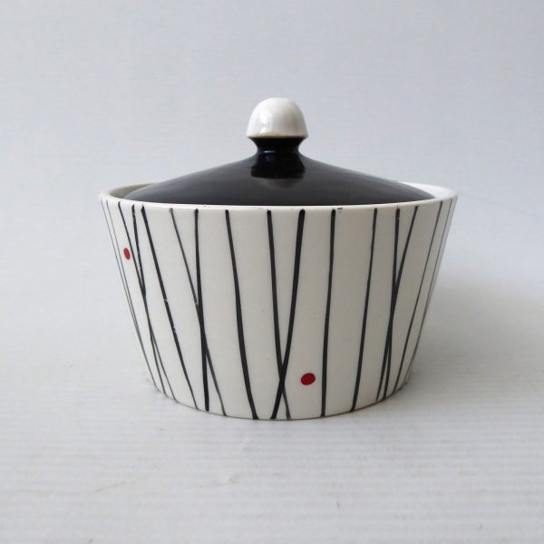 Kirkham Pottery lidded sugar bowl, black stripes red dots. 1950s retro ceramic