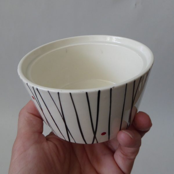 Kirkham Pottery lidded sugar bowl, black stripes red dots. 1950s retro ceramic - Image 9