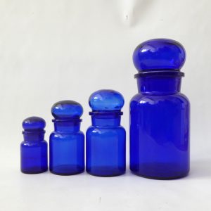 Made in Belgium 4 vintage retro glass apothecary storage jars 1970s, cobalt blue