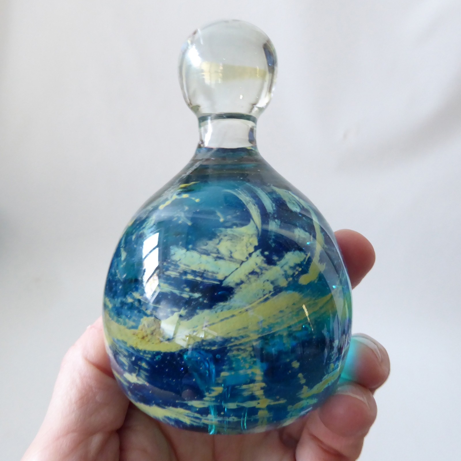 Mdina Sea & Sand vintage art glass paperweight + top knob, blue + gold. Malta - Image 5