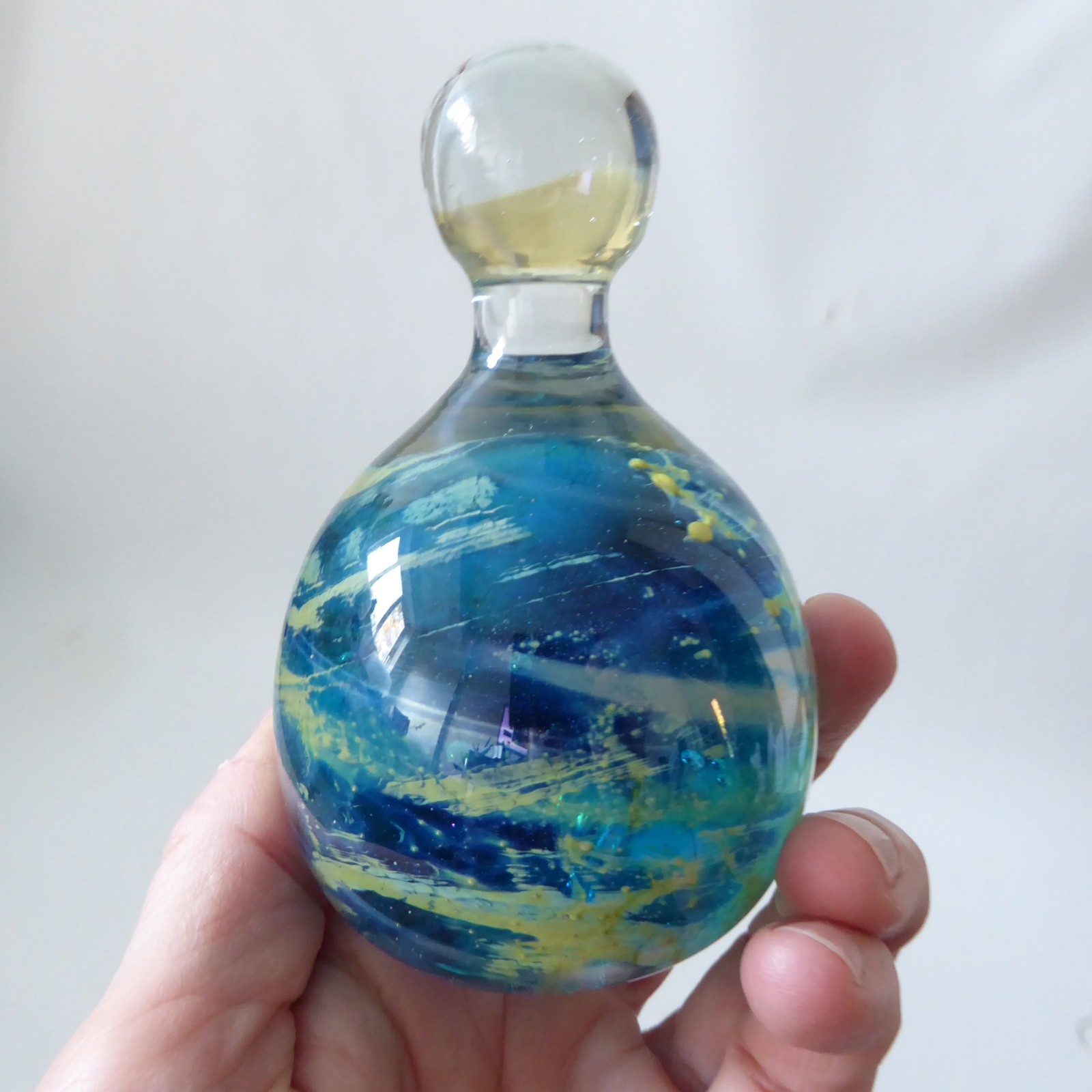 Mdina Sea & Sand vintage art glass paperweight + top knob, blue + gold. Malta - Image 6