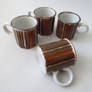 Midwinter Earth espresso cups mugs, 1970s Stonehenge pottery brown stripe coffee