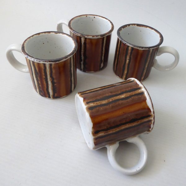 Midwinter Earth espresso cups mugs, 1970s Stonehenge pottery brown stripe coffee