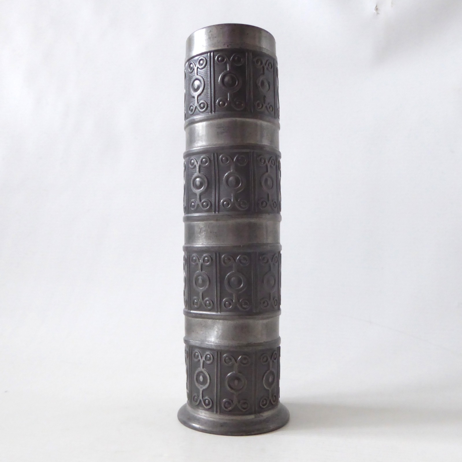 Norway Haugrud 505 pewter cylinder vase, vintage 1960s Norwegian metal - wonky
