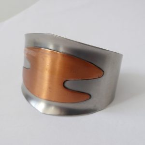 Peak modernist stainless steel & copper vintage wide cuff bracelet bangle, retro