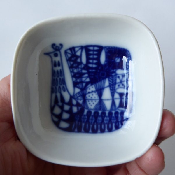 Porsrund Norway small ceramic sauce salts dish, 1971, blue peacock. 1970s Scandi - Image 3