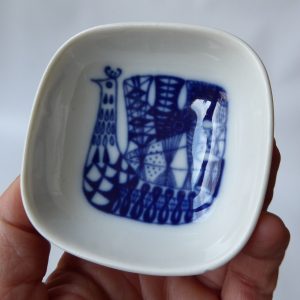 Porsrund Norway small ceramic sauce salts dish, 1971, blue peacock. 1970s Scandi