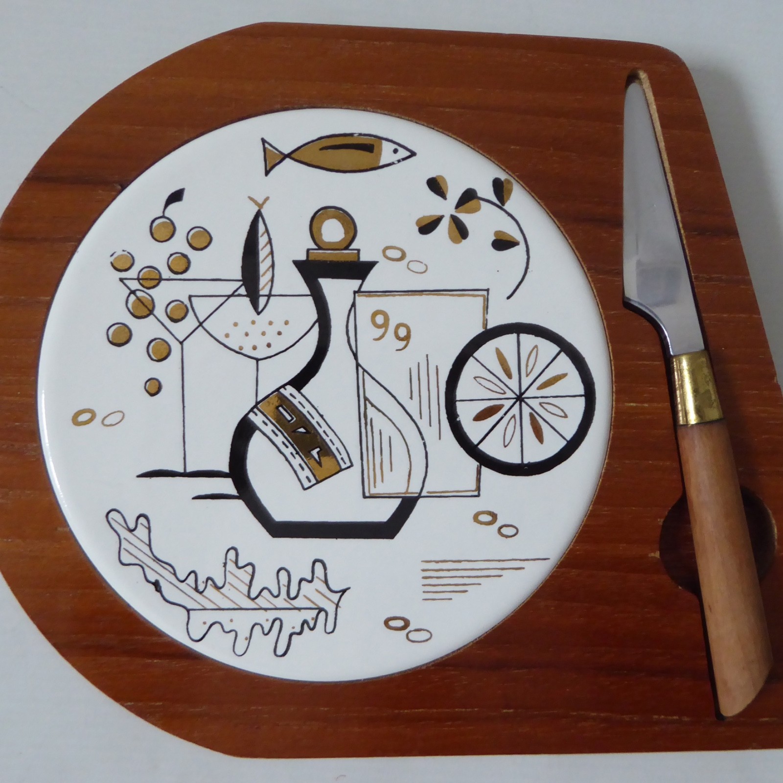 Retro 1970s Fred Roberts Japan round tile cheese board, lemon cutting bar +knife - Image 2