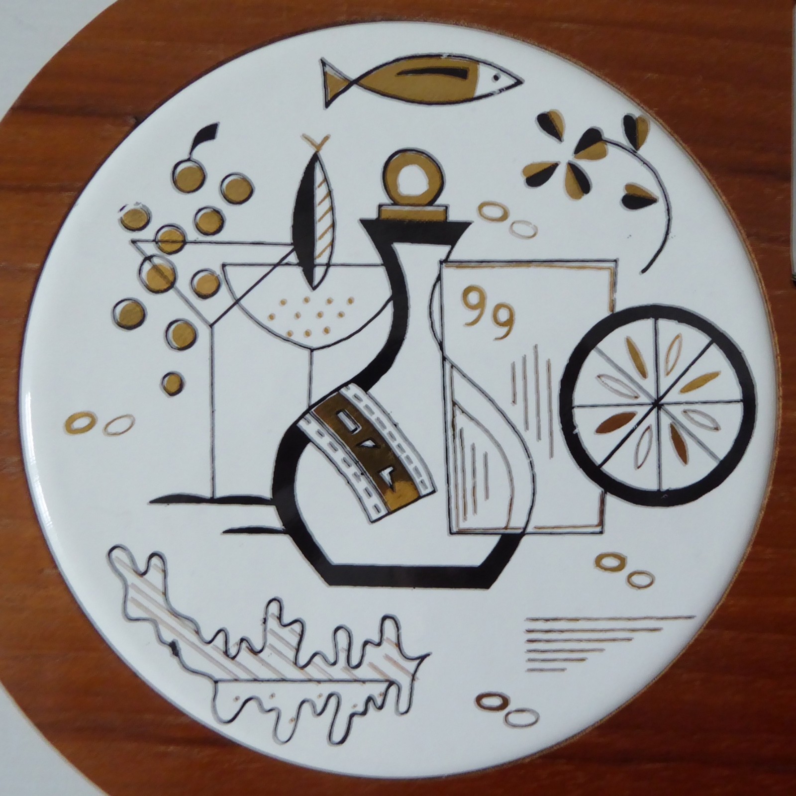 Retro 1970s Fred Roberts Japan round tile cheese board, lemon cutting bar +knife - Image 3