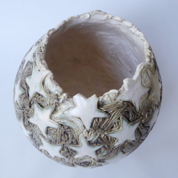 Round pottery clay handmade vase, stars, ivory/khaki glaze. Ball sphere, big - Image 11