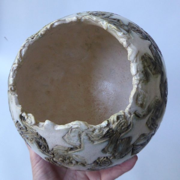 Round pottery clay handmade vase, stars, ivory/khaki glaze. Ball sphere, big - Image 14