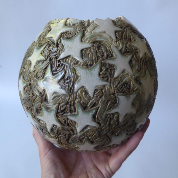 Round pottery clay handmade vase, stars, ivory/khaki glaze. Ball sphere, big - Image 15