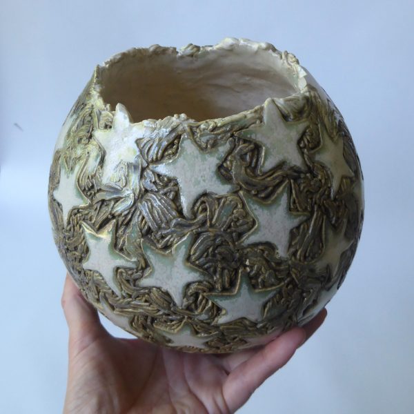 Round pottery clay handmade vase, stars, ivory/khaki glaze. Ball sphere, big - Image 16