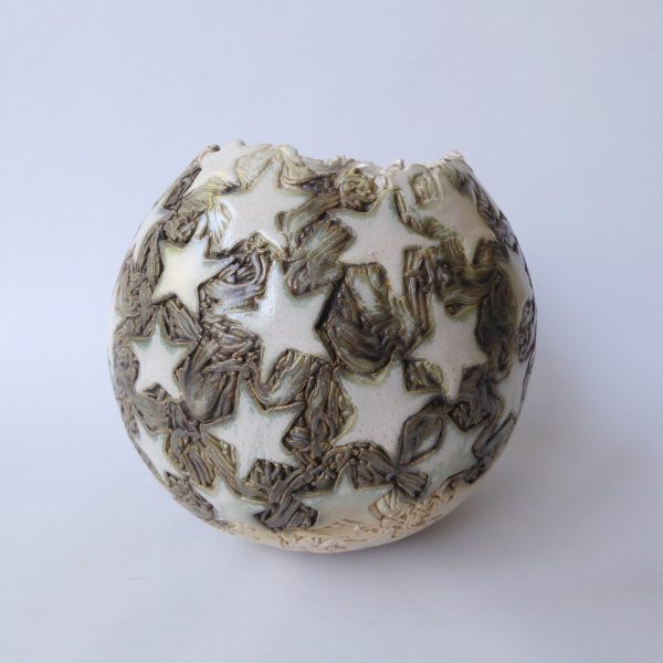 Round pottery clay handmade vase, stars, ivory/khaki glaze. Ball sphere, big - Image 3