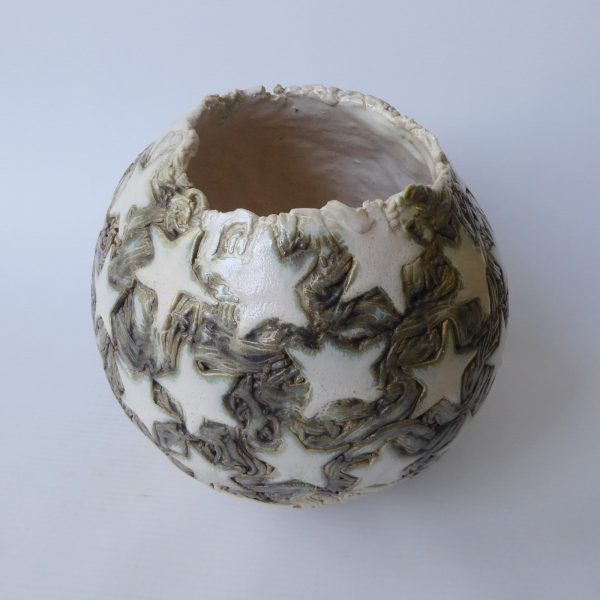 Round pottery clay handmade vase, stars, ivory/khaki glaze. Ball sphere, big - Image 4