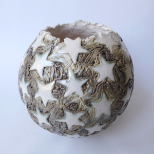 Round pottery clay handmade vase, stars, ivory/khaki glaze. Ball sphere, big