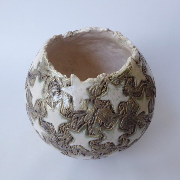 Round pottery clay handmade vase, stars, ivory/khaki glaze. Ball sphere, big - Image 5