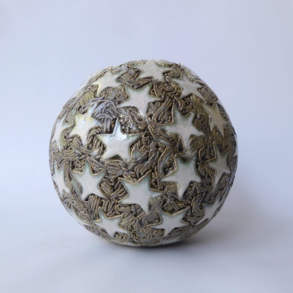 Round pottery clay handmade vase, stars, ivory/khaki glaze. Ball sphere, big - Image 6
