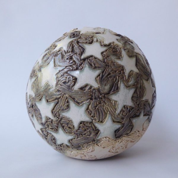 Round pottery clay handmade vase, stars, ivory/khaki glaze. Ball sphere, big - Image 7