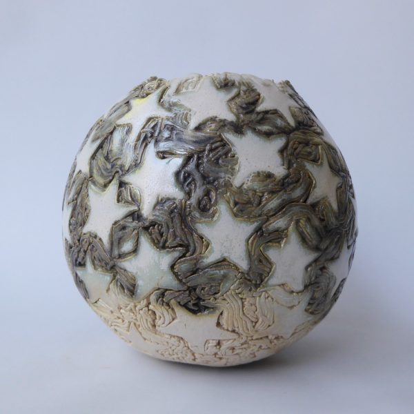 Round pottery clay handmade vase, stars, ivory/khaki glaze. Ball sphere, big - Image 8