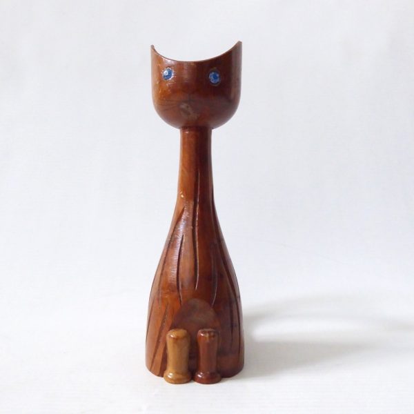 Scoop head cat carved wooden candlestick, candle holder. Vintage retro 1970s - Image 3