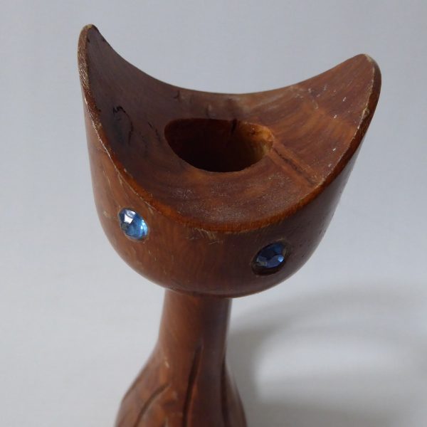 Scoop head cat carved wooden candlestick, candle holder. Vintage retro 1970s - Image 5